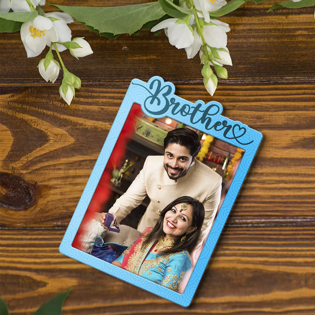 Brother custom photo wooden fridge magnet with laser-cut script and blue wave design