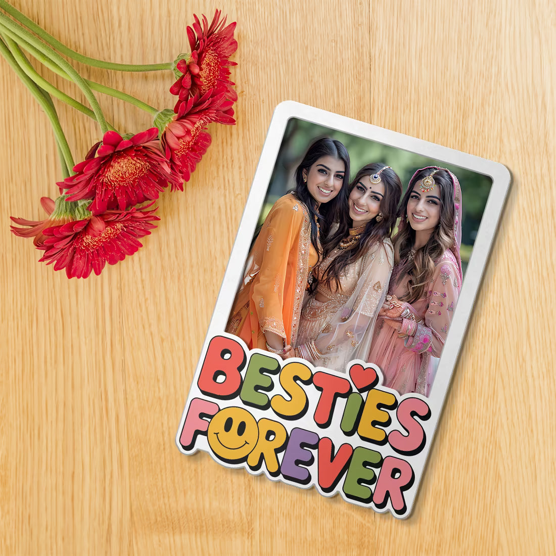 Besties Forever custom photo wooden fridge magnet with retro typography and smiley