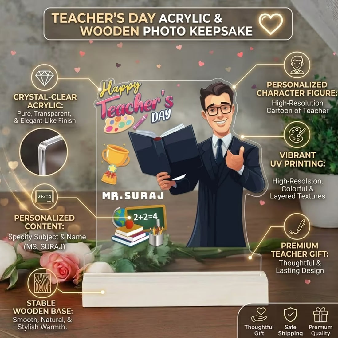 Personalized Teachers Day acrylic plaque for sir with custom name and male teacher cartoon design on wooden base – Fashionury