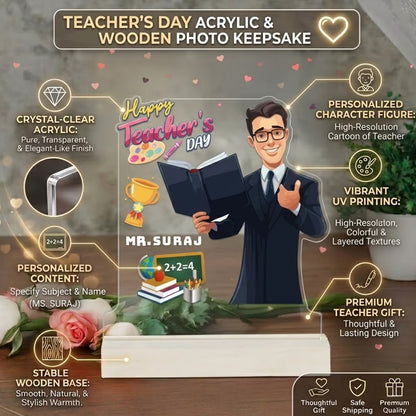 Personalized Teachers Day acrylic plaque for sir with custom name and male teacher cartoon design on wooden base – Fashionury