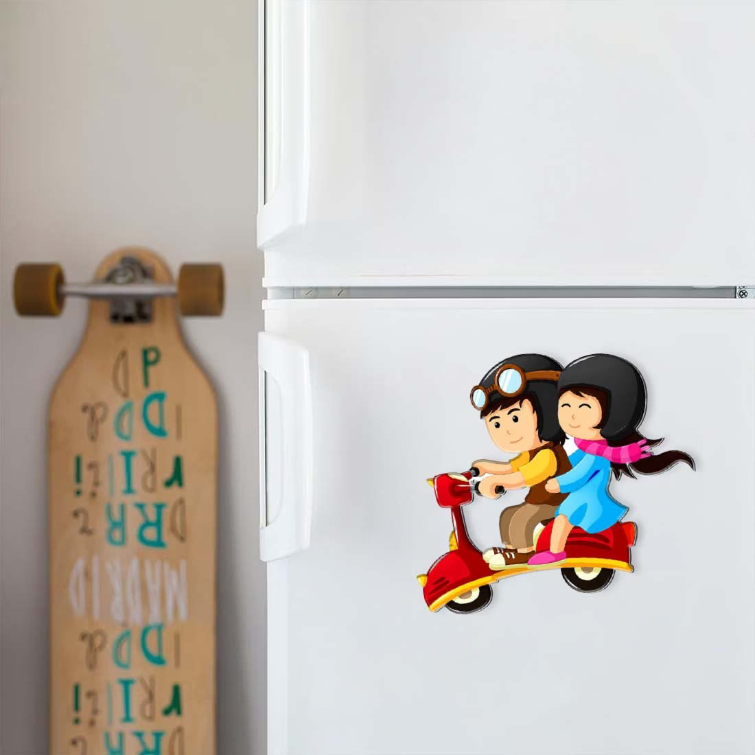 Cute couple riding scooter MDF fridge magnet in colourful cartoon design – Fashionury