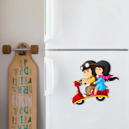 Cute couple riding scooter MDF fridge magnet in colourful cartoon design – Fashionury