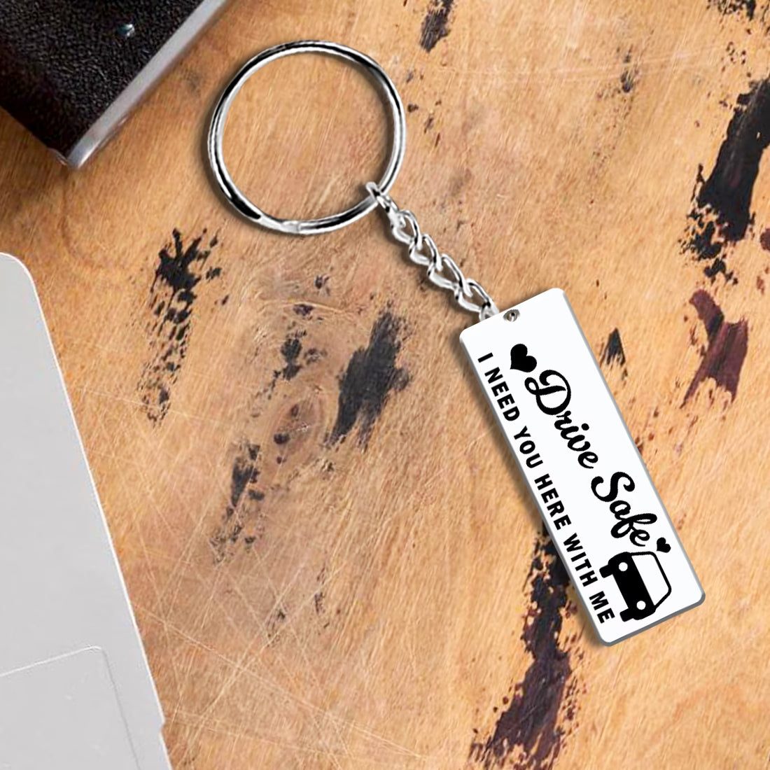 Drive Safe acrylic keychain with heartfelt quote, car and heart design