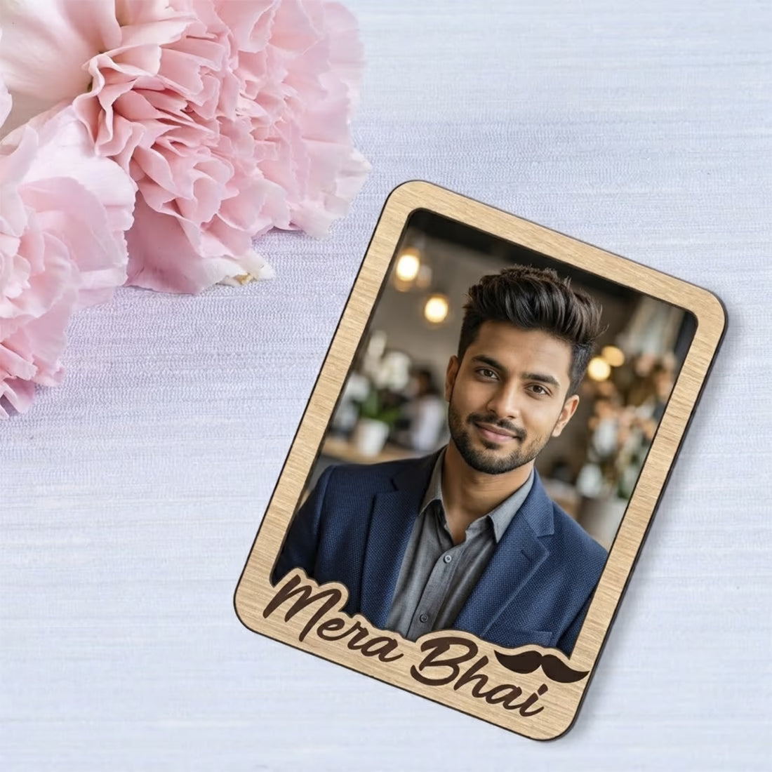 Mera Bhai custom photo wooden fridge magnet with script and mustache accent