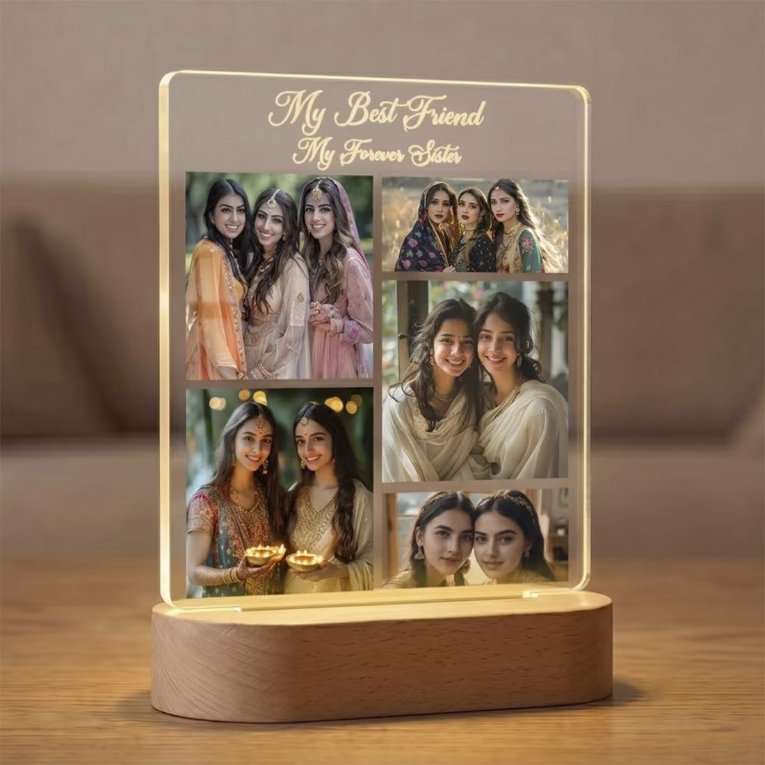 Fashionury Custom My Best Friend My Forever Sister 5 Photo Collage Acrylic LED Lamp with Golden Engraving and Warm Oval Wooden Base