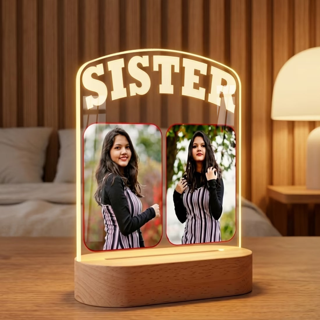 Sister custom 2 photo acrylic LED lamp with bold typography on wooden base