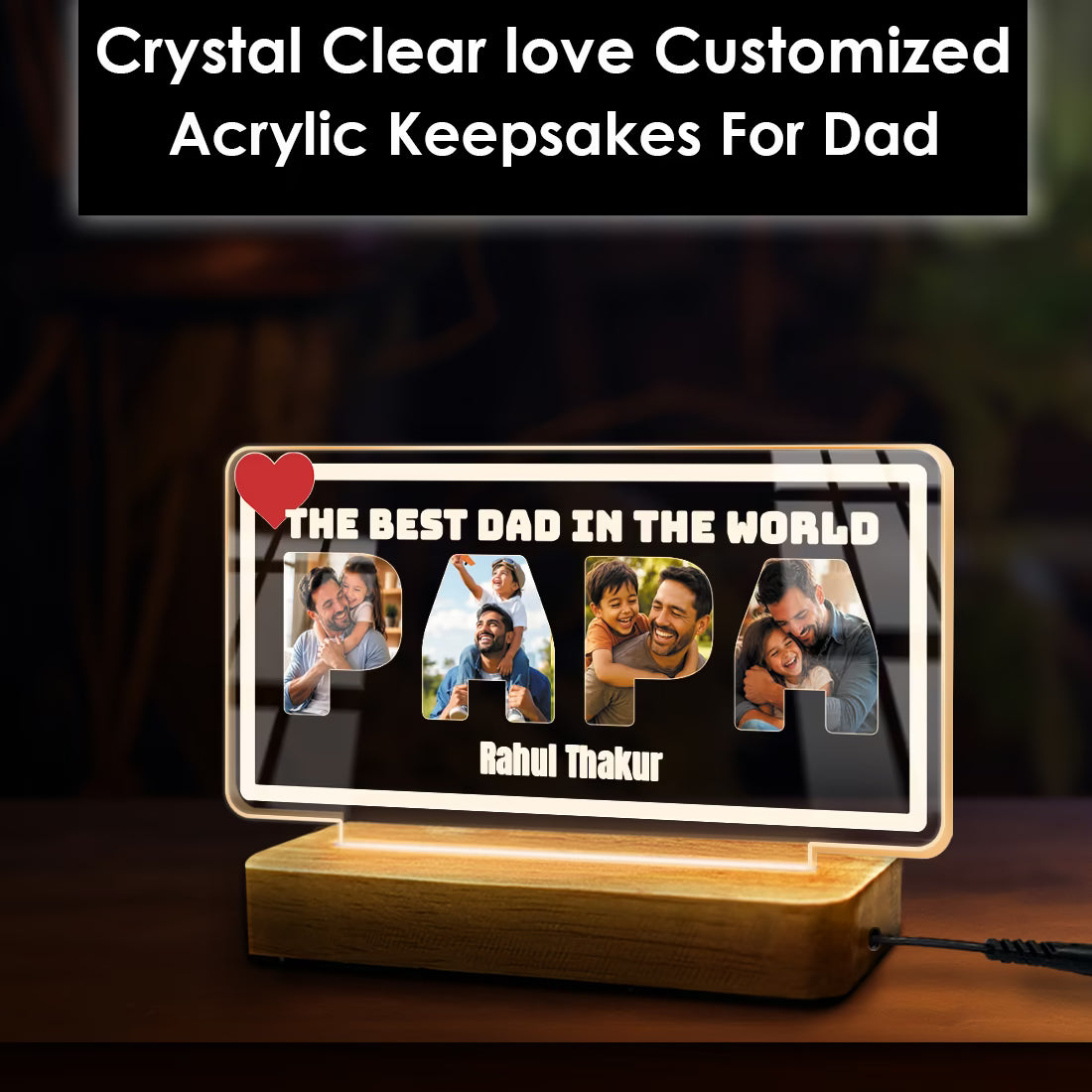 Personalised PAPA letter photo acrylic LED lamp with 4 family pictures, name and quote on wooden base for Father's Day gift

