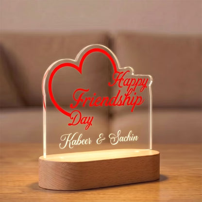 Side View of Happy Friendship Day acrylic LED lamp with heart design and custom bestie names