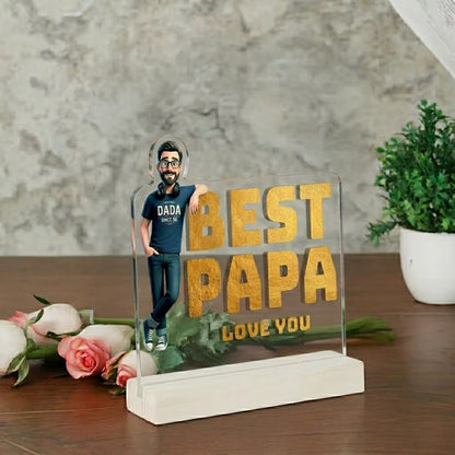 Side View of Personalised Best Papa Love You caricature acrylic plaque with cartoon portrait on wooden base for Father's Day gift
