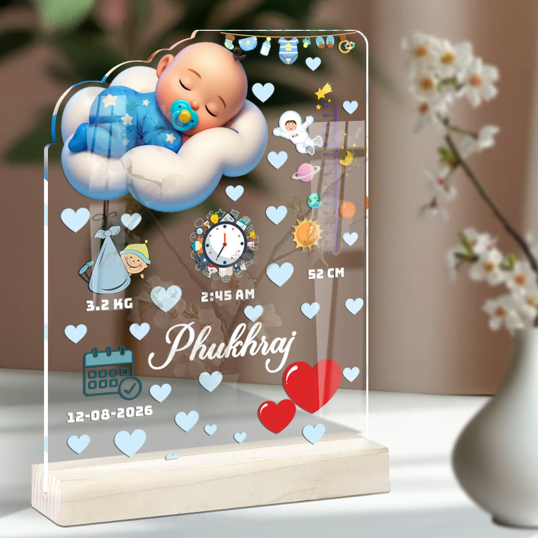 Custom Baby Boy Birth Stats Acrylic Tabletop Frame