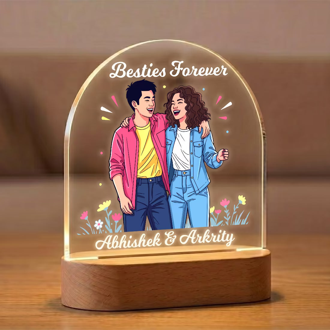 Besties Forever acrylic LED lamp with bestie duo illustration and custom names