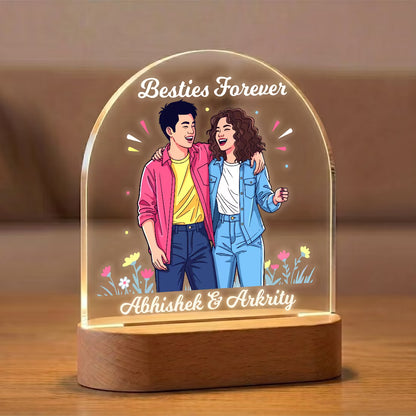 Besties Forever acrylic LED lamp with bestie duo illustration and custom names