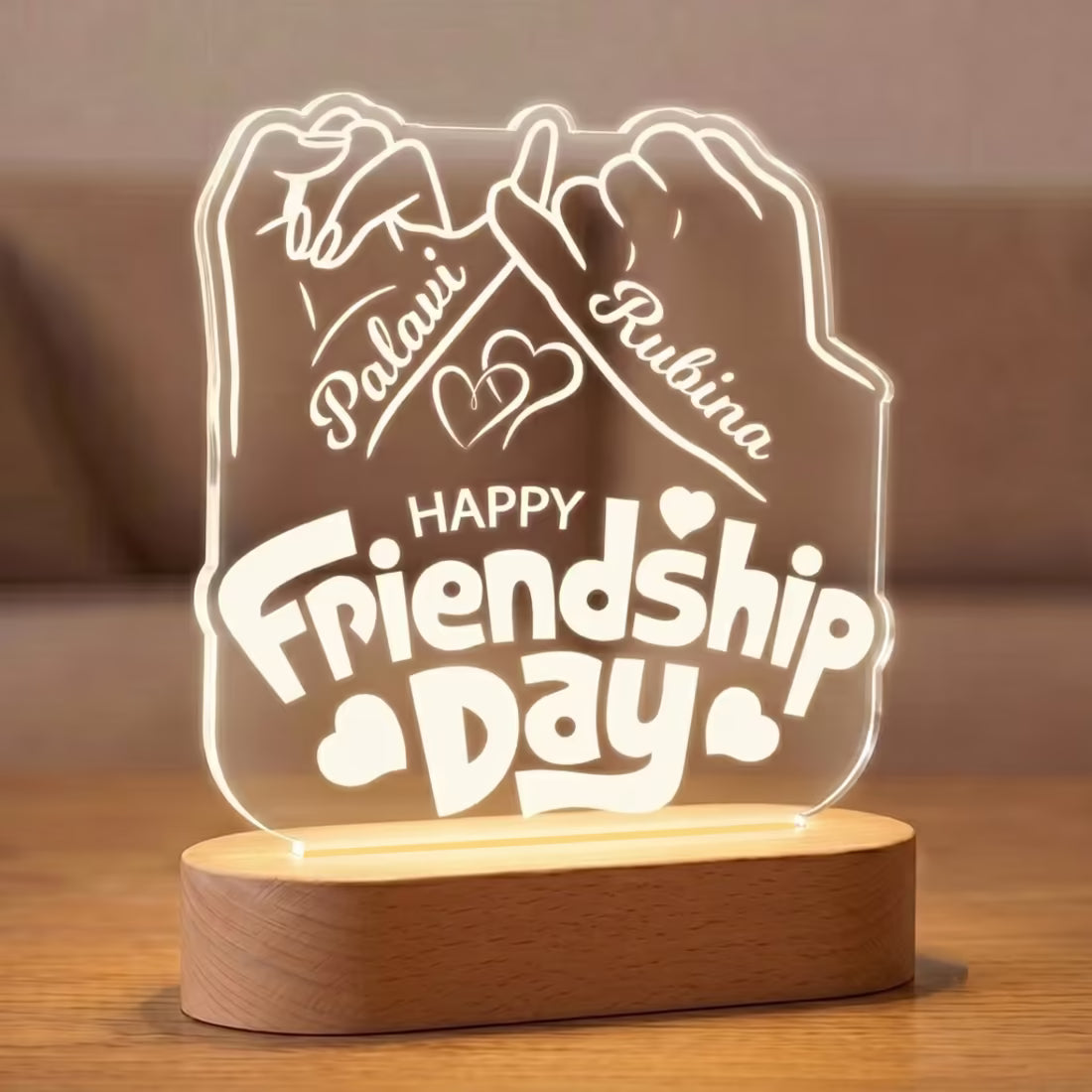 Happy Friendship Day pinky promise acrylic LED lamp with custom bestie names