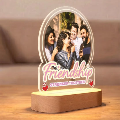 Side view of Friendship Stronger Together acrylic LED photo lamp with bestie duo portrait