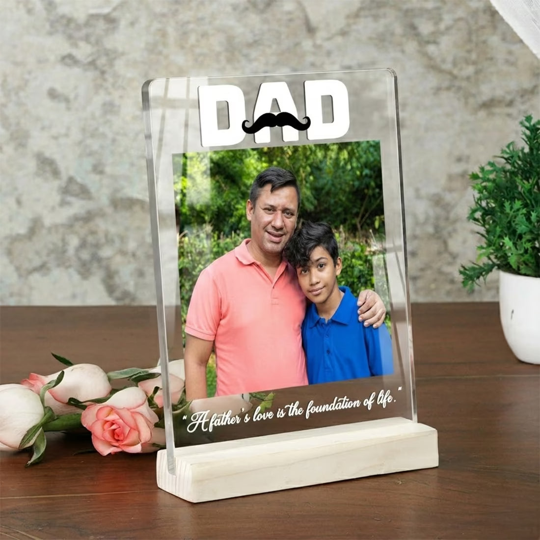 Personalised DAD acrylic photo plaque with father and son photo on wooden base for Father's Day gift