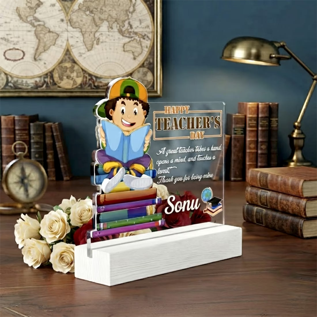 Personalized Happy Teachers Day acrylic plaque with custom name, quote and cartoon design on wooden base – Fashionury
