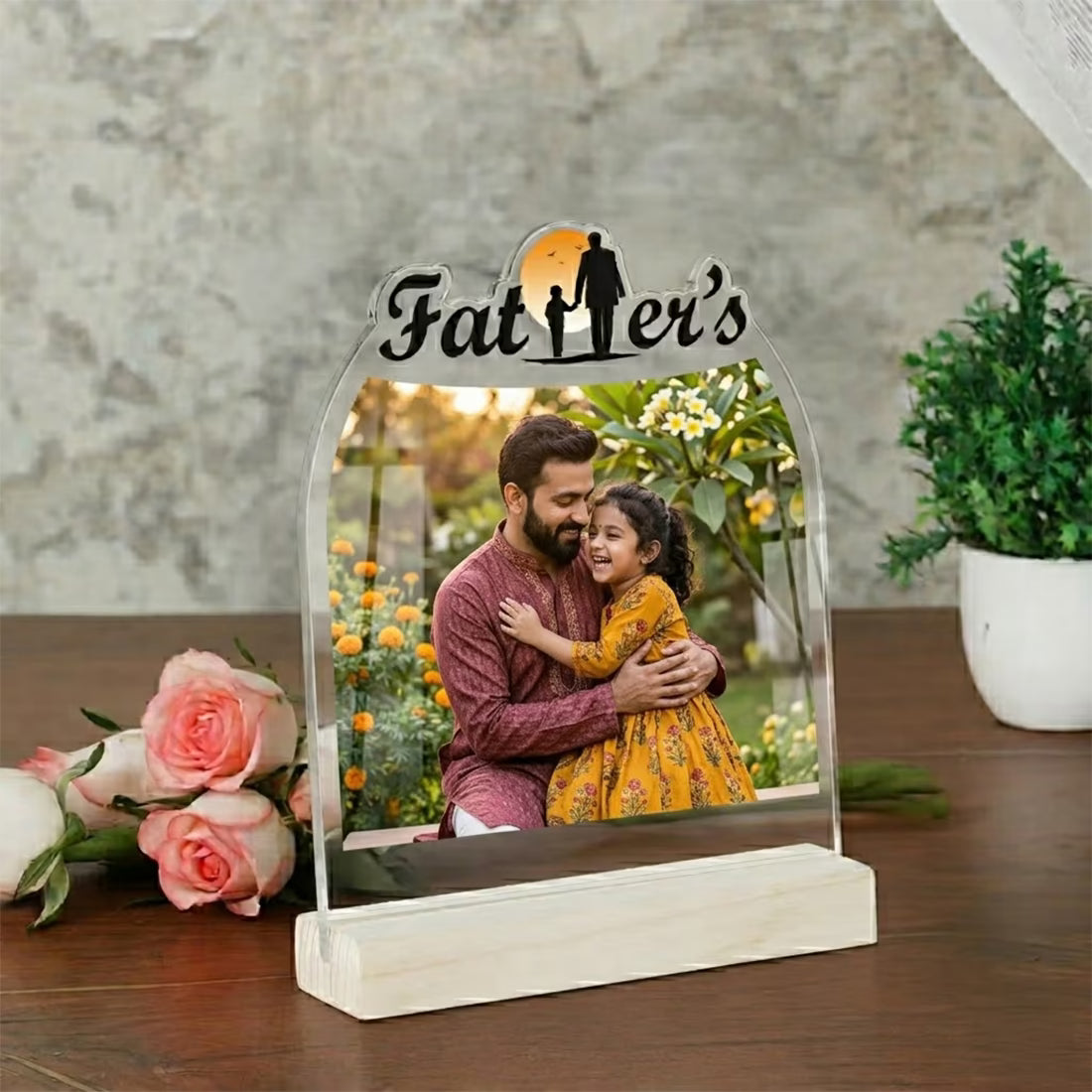 Personalised Father's Day arch acrylic photo plaque with father and daughter photo on wooden base keepsake gift
