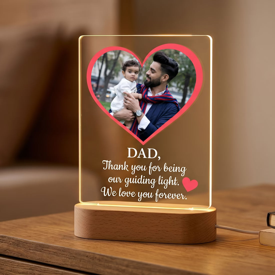 Side view of Personalised Dad heart photo acrylic LED lamp with father child portrait and quote