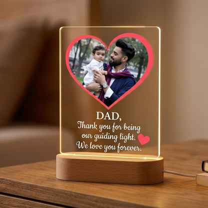 Side view of Personalised Dad heart photo acrylic LED lamp with father child portrait and quote