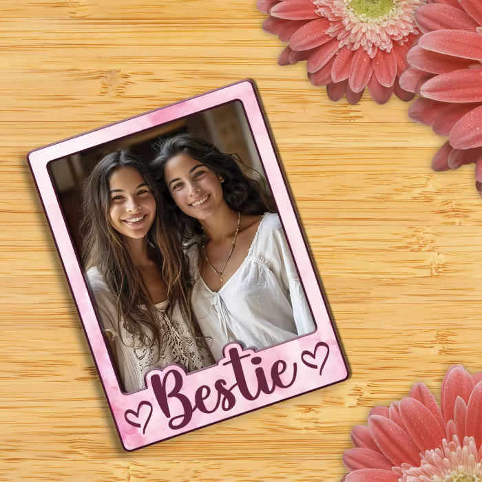 Bestie custom photo wooden fridge magnet with bold script and pink watercolour design