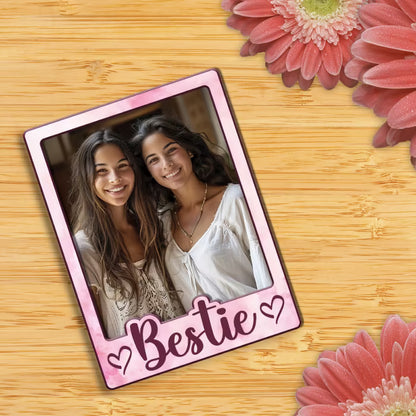 Bestie custom photo wooden fridge magnet with bold script and pink watercolour design