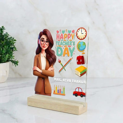Personalized Teachers Day acrylic plaque for madam with custom name and female teacher cartoon design – Fashionury