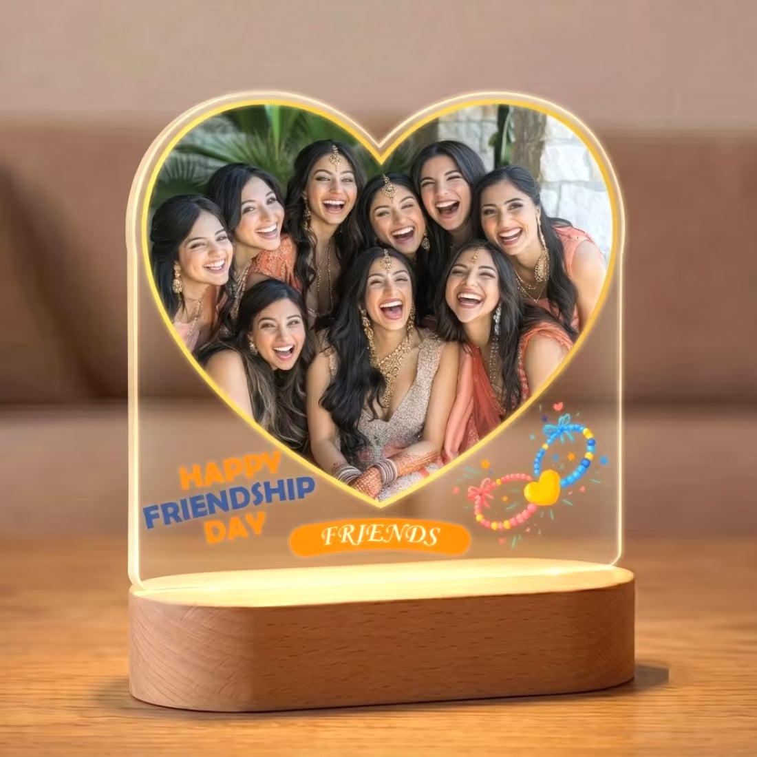Happy Friendship Day heart photo acrylic LED lamp with friends group portrait