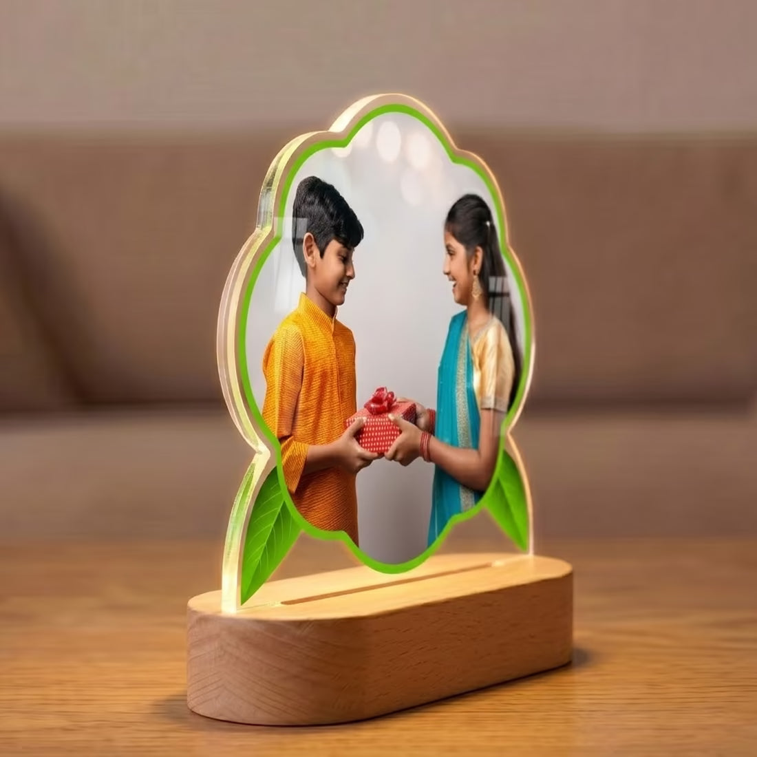 Raksha Bandhan custom photo acrylic LED lamp with floral cut and wooden base