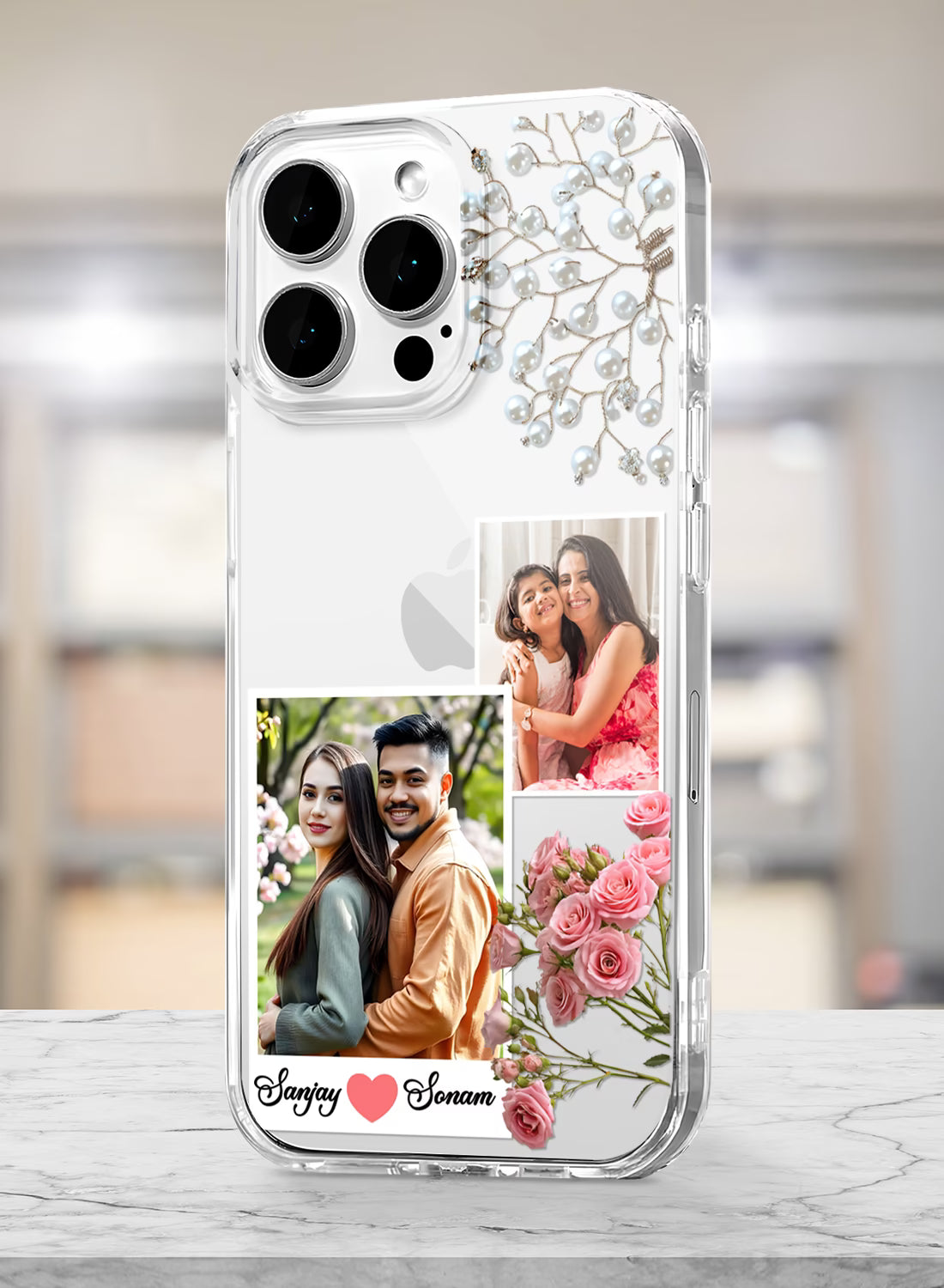 Pearl Rose Dual Photo & Couple Name Custom Silicone Cover