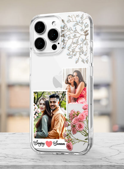 Pearl Rose Dual Photo & Couple Name Custom Silicone Cover