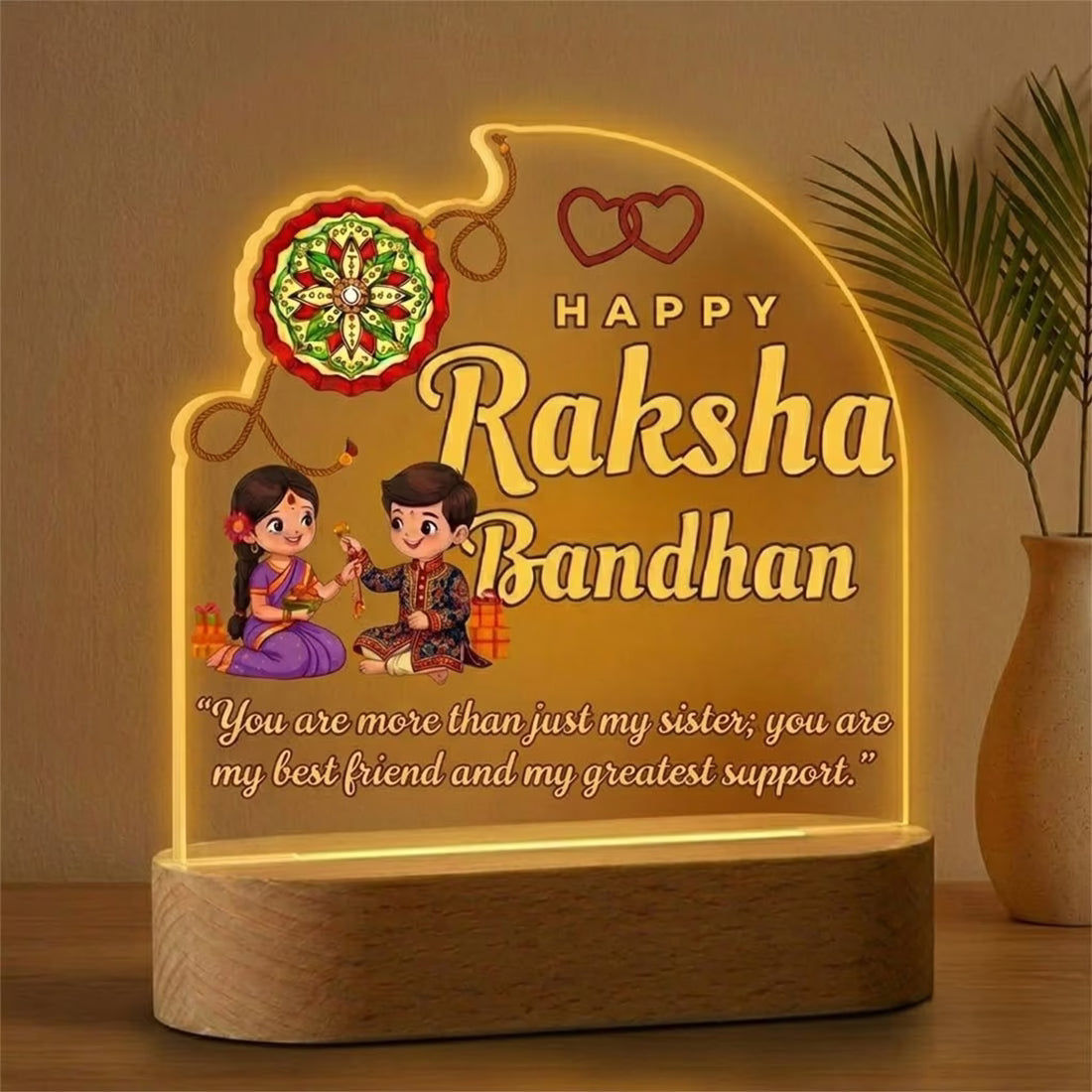 Side View of Happy Raksha Bandhan acrylic LED lamp with brother sister illustration and quote