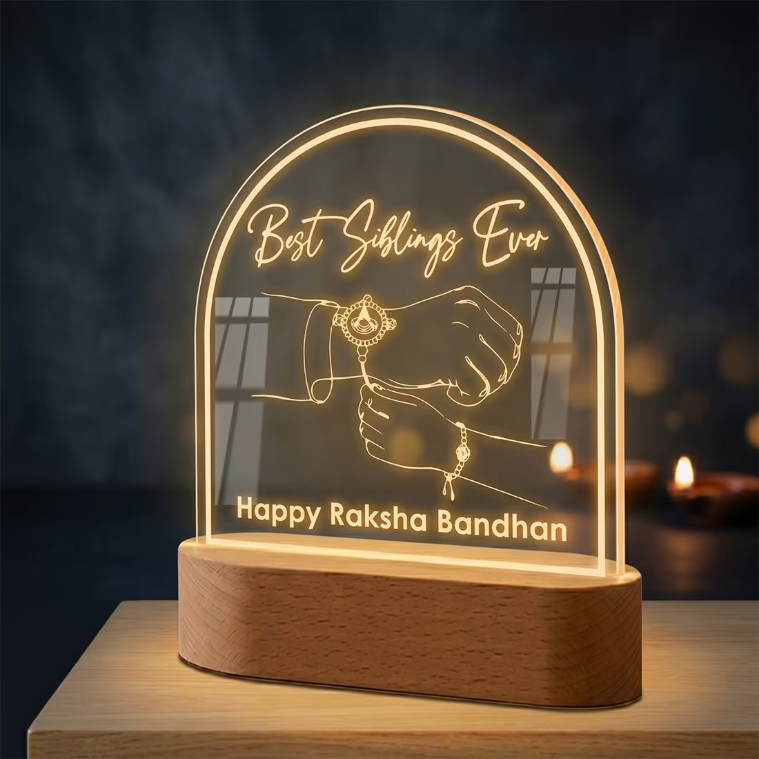 Side View of Best Siblings Ever Raksha Bandhan acrylic LED lamp with Rakhi tying line art