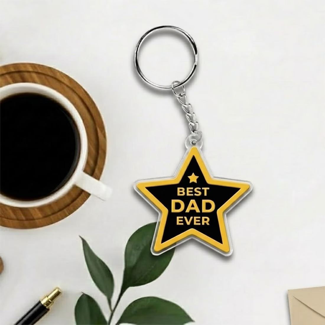 Best Dad Ever star shape acrylic keychain with golden text and metal ring

