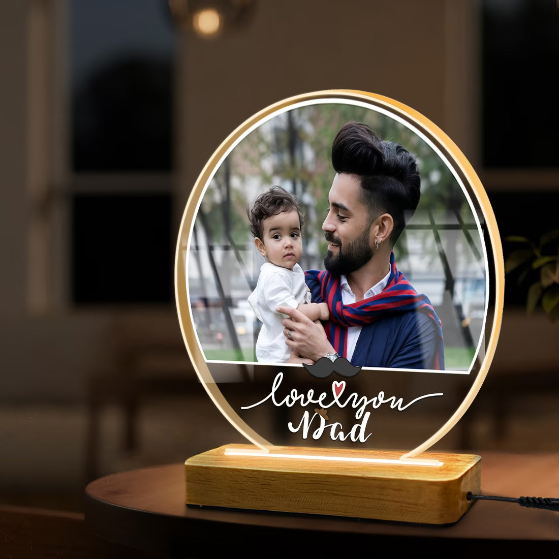 Personalised Love You Dad round acrylic LED photo lamp with father and child picture on wooden base for Father's Day gift
