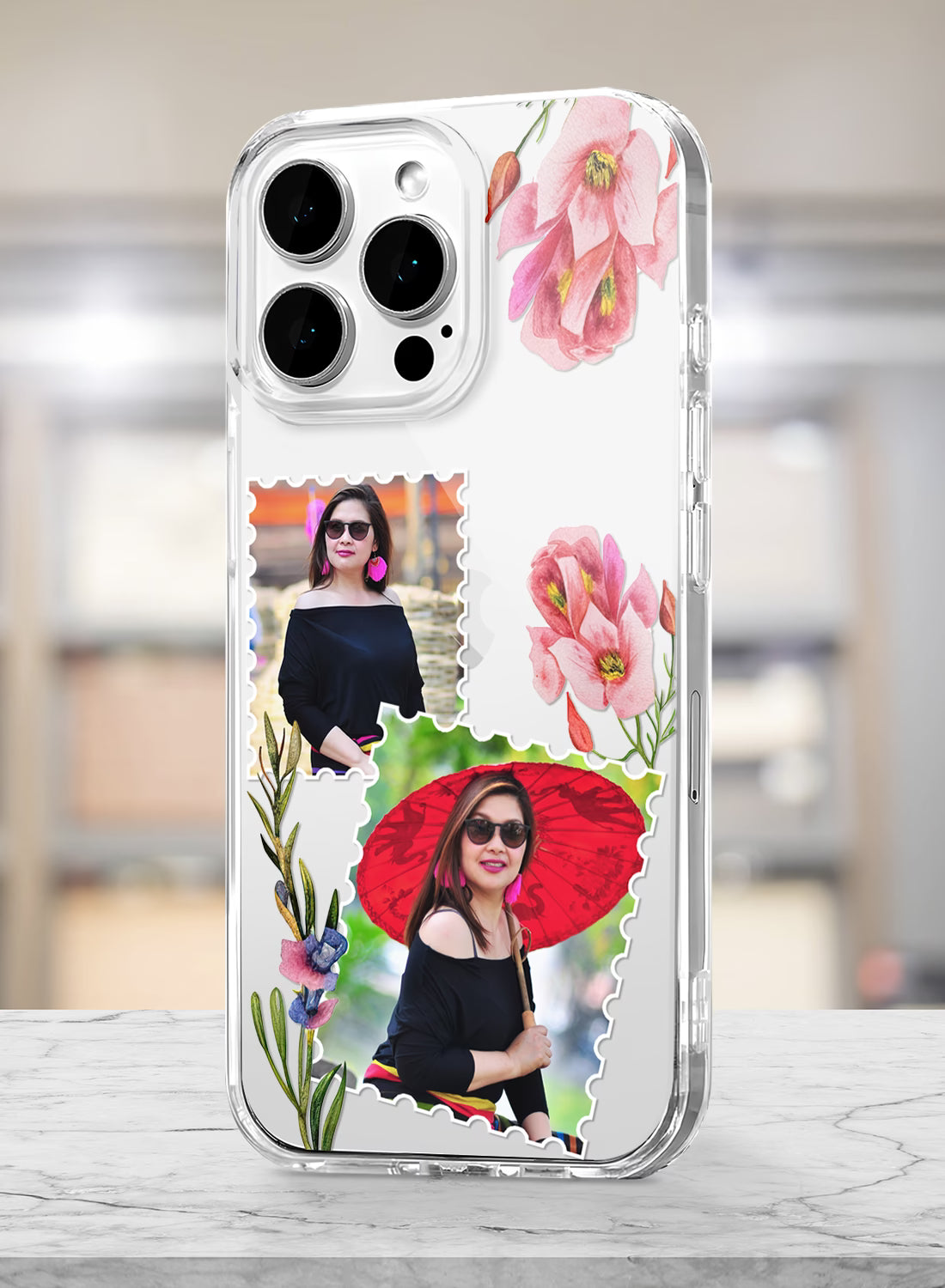 Pink Floral Stamp Dual Photo Custom Silicone Mobile Cover