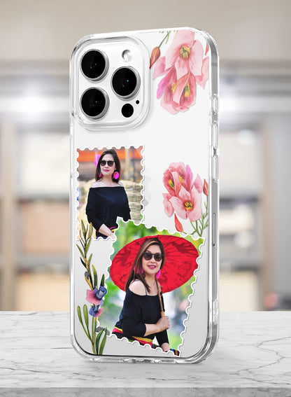 Pink Floral Stamp Dual Photo Custom Silicone Mobile Cover
