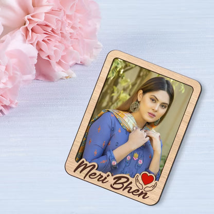 Meri Bhen custom photo wooden fridge magnet with script and red heart accent