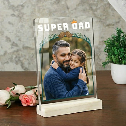 Personalised Super Dad acrylic photo plaque with father and daughter photo on wooden base for Father's Day gift
