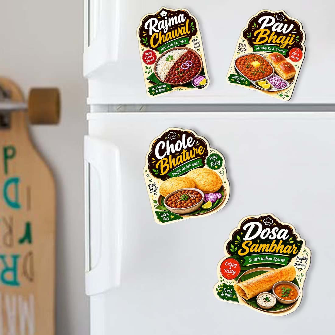 Indian thali food MDF fridge magnet set of 4 with Rajma Chawal, Pav Bhaji, Dosa Sambhar and Chole Bhature designs – Fashionury