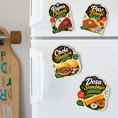 Indian thali food MDF fridge magnet set of 4 with Rajma Chawal, Pav Bhaji, Dosa Sambhar and Chole Bhature designs – Fashionury