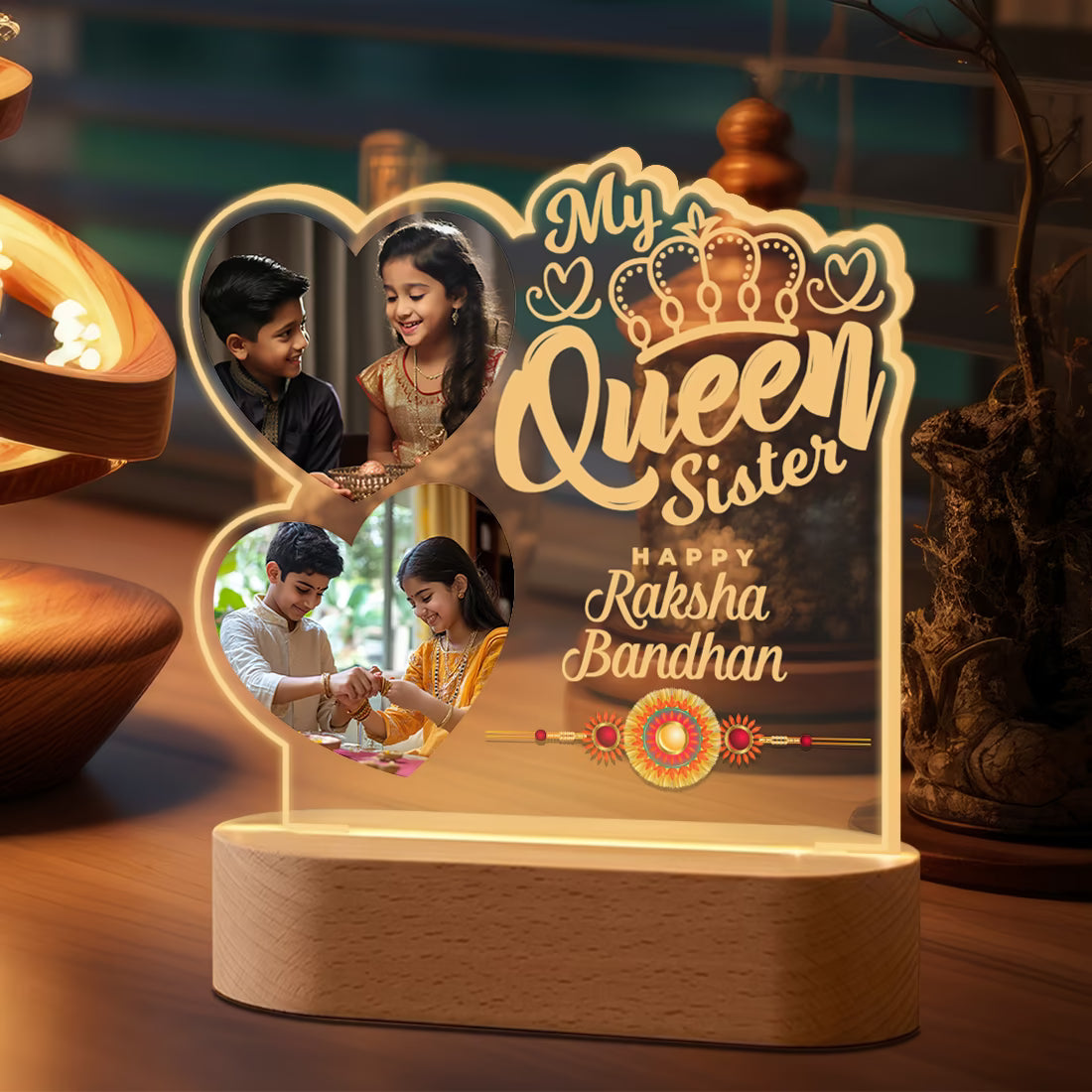 Side View of My Queen Sister Raksha Bandhan acrylic LED lamp with two heart photos and crown