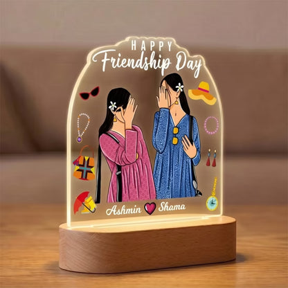 Happy Friendship Day acrylic LED lamp with bestie duo illustration and names
