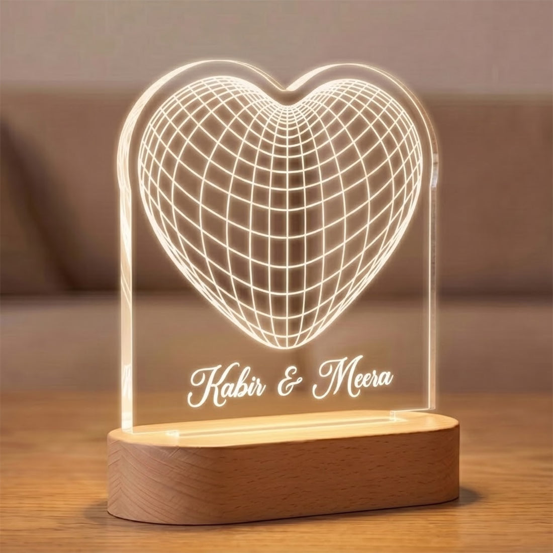 3D Heart laser engraved acrylic LED lamp with custom couple names on wooden base