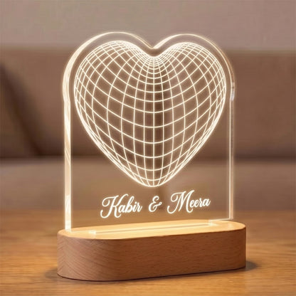 3D Heart laser engraved acrylic LED lamp with custom couple names on wooden base