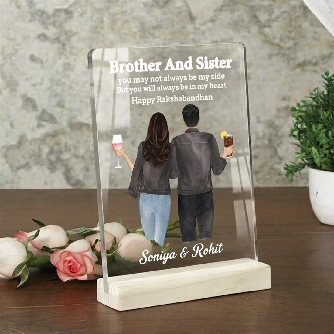Custom acrylic photo frame with Richa and Rahul names, brother and sister quote for Rakhi gift
