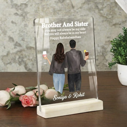 Custom acrylic photo frame with Richa and Rahul names, brother and sister quote for Rakhi gift