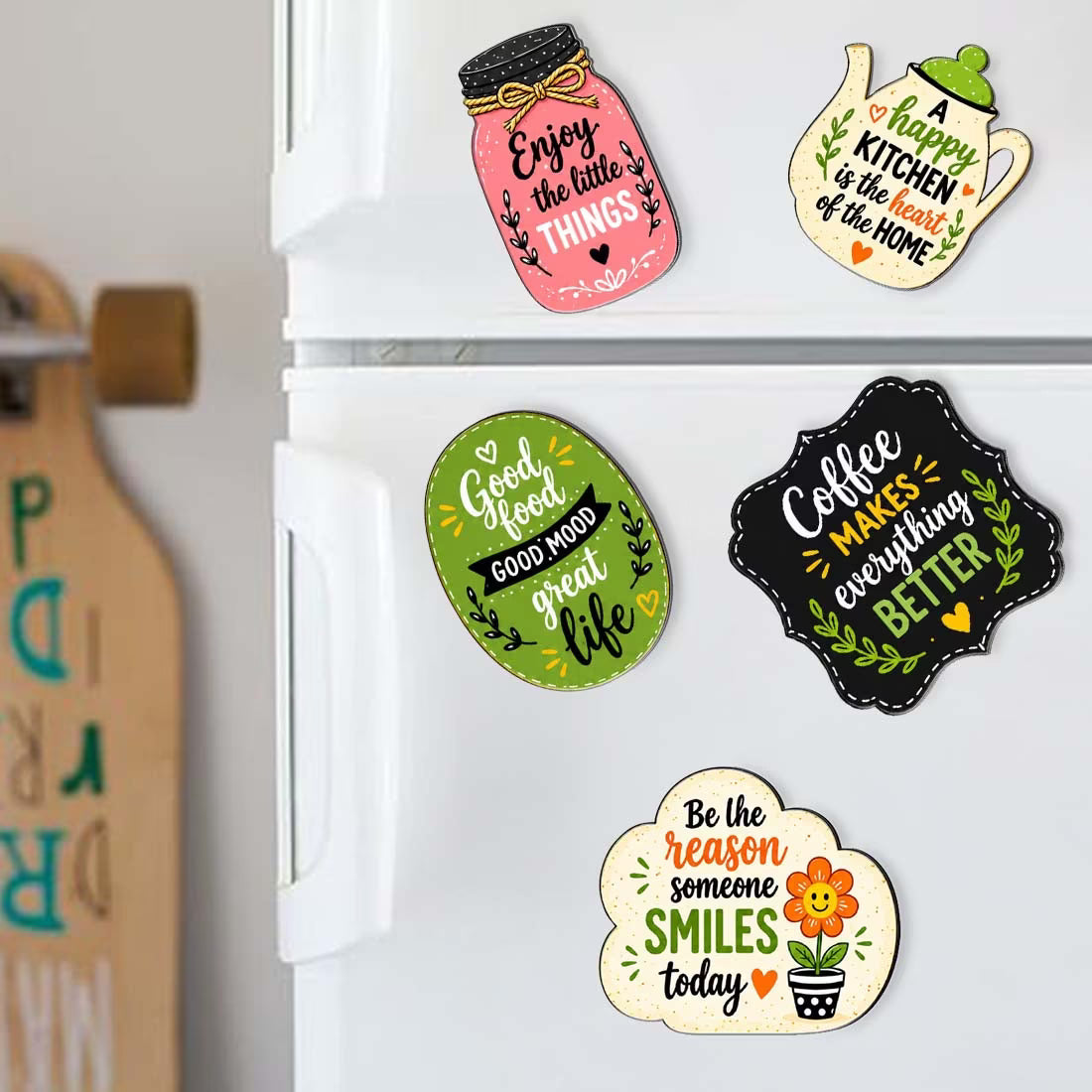 Positive quotes MDF fridge magnet set of 5 with mason jar, teapot and kitchen quote designs – Fashionury