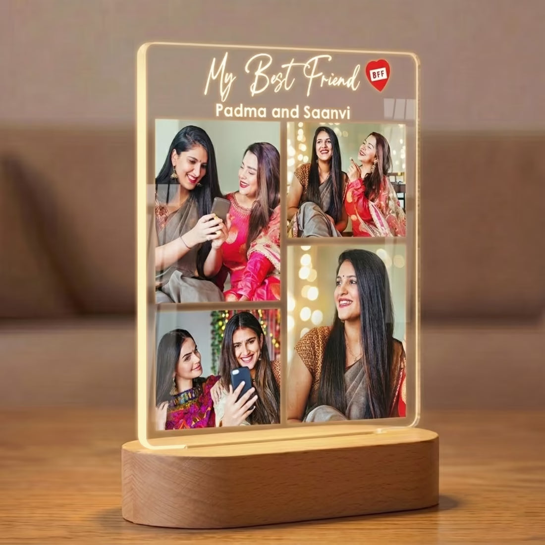 My Best Friend acrylic LED lamp with four photo collage and BFF names