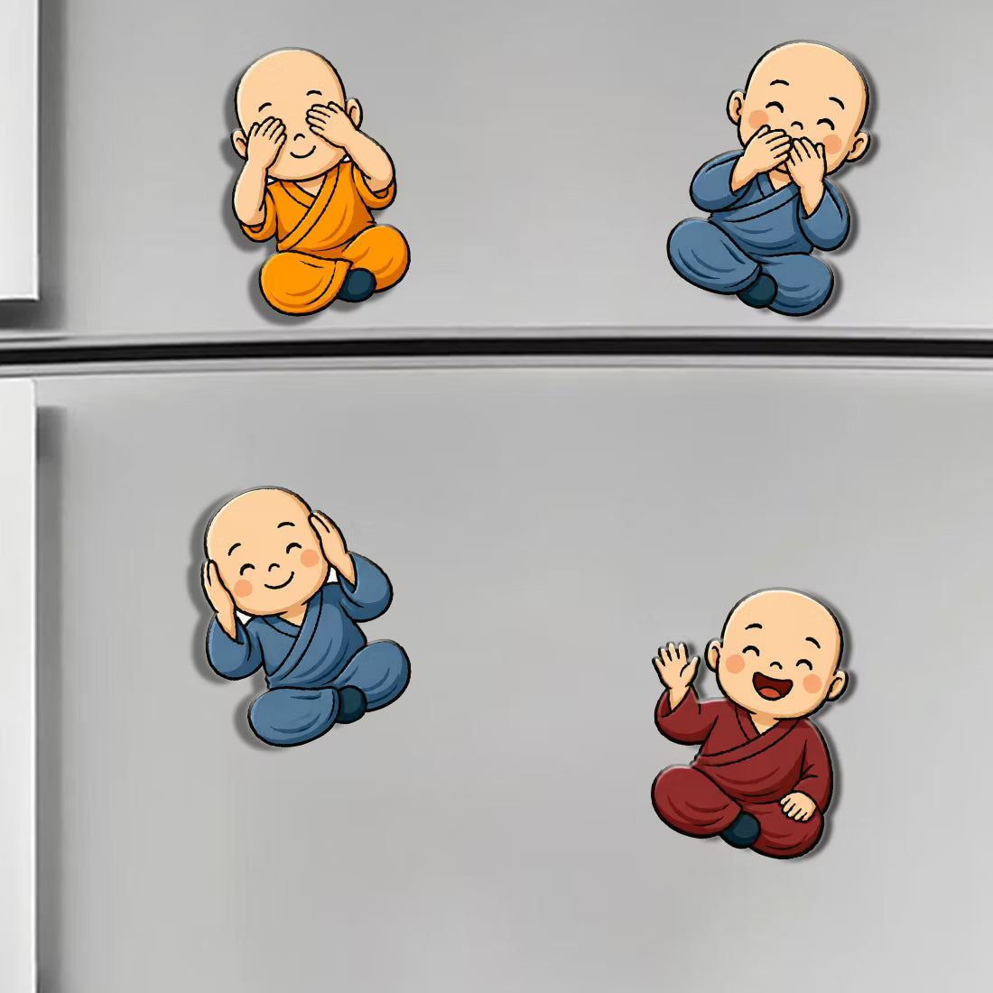 Cute Baby Monk MDF wooden fridge magnet set of 4 with playful poses