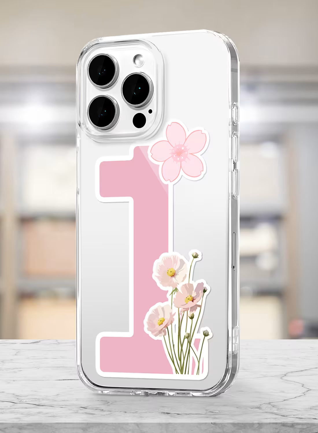 Clear silicone phone cover with pink number 1 and floral blossom design, soft feminine aesthetic print